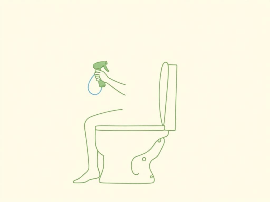 Illustration of a handheld sprayer held beside the toilet with a gentle water line